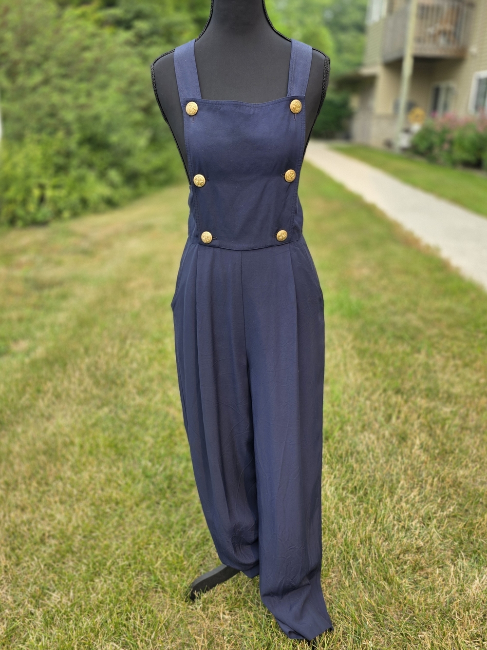Vintage John Roberts Navy Nautical Gold Button Wide Leg Jumpsuit USA